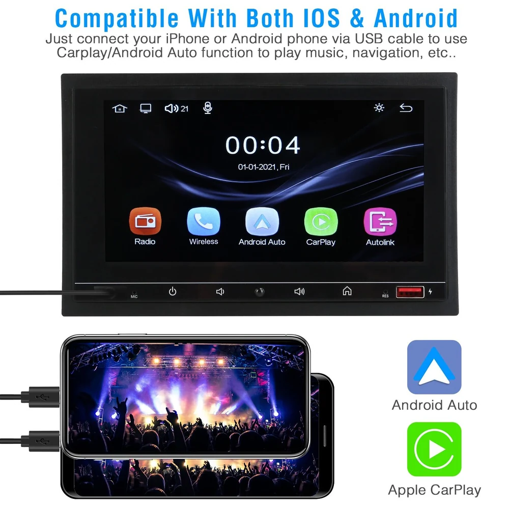 Car multimedia player displaying Android Auto and Apple CarPlay features, with a smartphone connected for music and navigation.