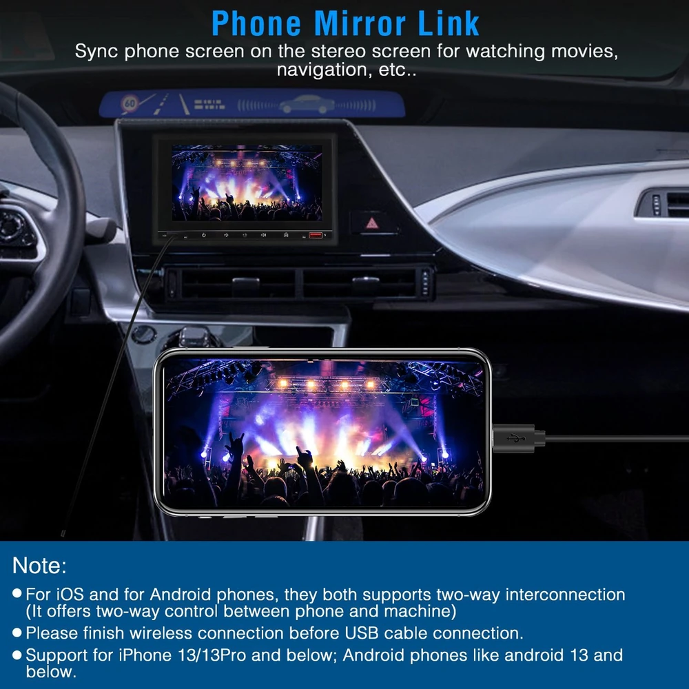 Car dashboard displaying a mirrored smartphone screen with a colorful concert scene for movie watching and navigation, featuring a USB connection.
