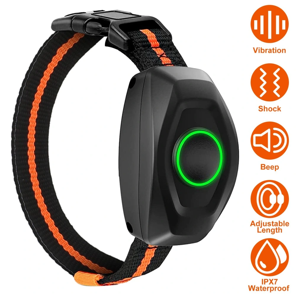 Collar training device featuring a black and orange adjustable strap, a green activation button, and icons indicating vibration, shock, beep modes, and IPX7 waterproof rating.