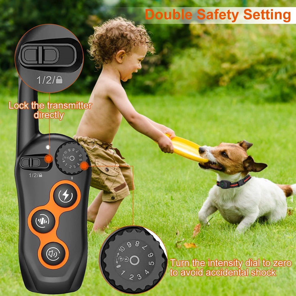 Child playing fetch with a dog in a green park, showcasing a remote transmitter with safety features, including a lock and intensity dial.