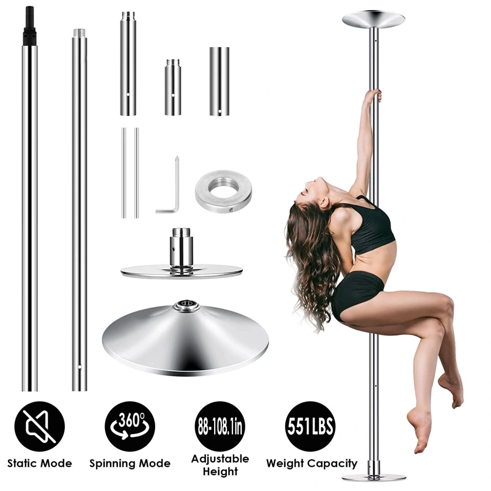 Adjustable stainless steel dance pole with 551 lbs weight capacity, featuring static and spinning modes, ideal for home or studio use, with an adjustable height of 88-108 inches.