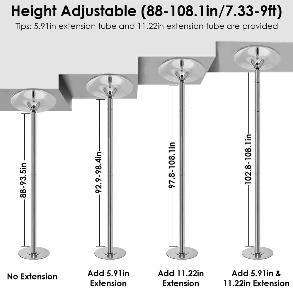 Height adjustable pole with measurement options (88-108.1 inches) featuring extension tubes of 5.91 inches and 11.22 inches for customizable height settings.