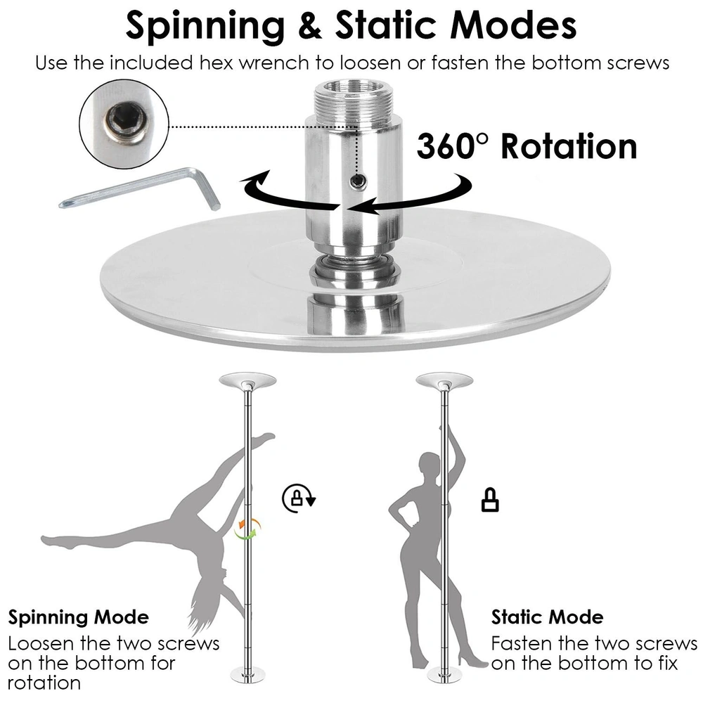 Adjustable pole dance base with 360-degree rotation and instructions for switching between spinning and static modes using an included hex wrench.