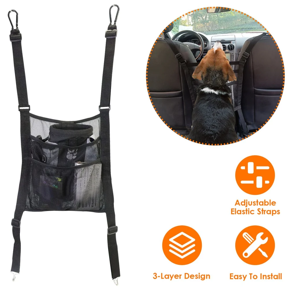 Adjustable car pet barrier with three-layer design and pockets, keeping dogs safe and organized during travel.