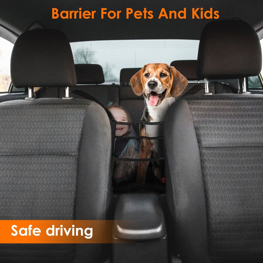 Car barrier for pets and kids, featuring a happy dog safely secured in the back seat, promoting safe driving with a durable mesh design.