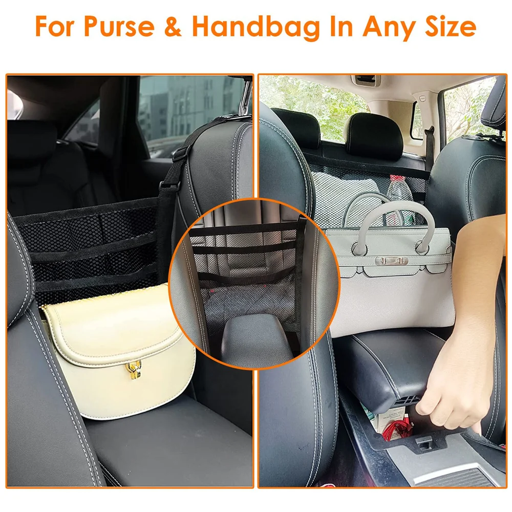 Car seat purse holder with mesh design, accommodating handbags of all sizes, efficiently organizing space between front seats and center console.