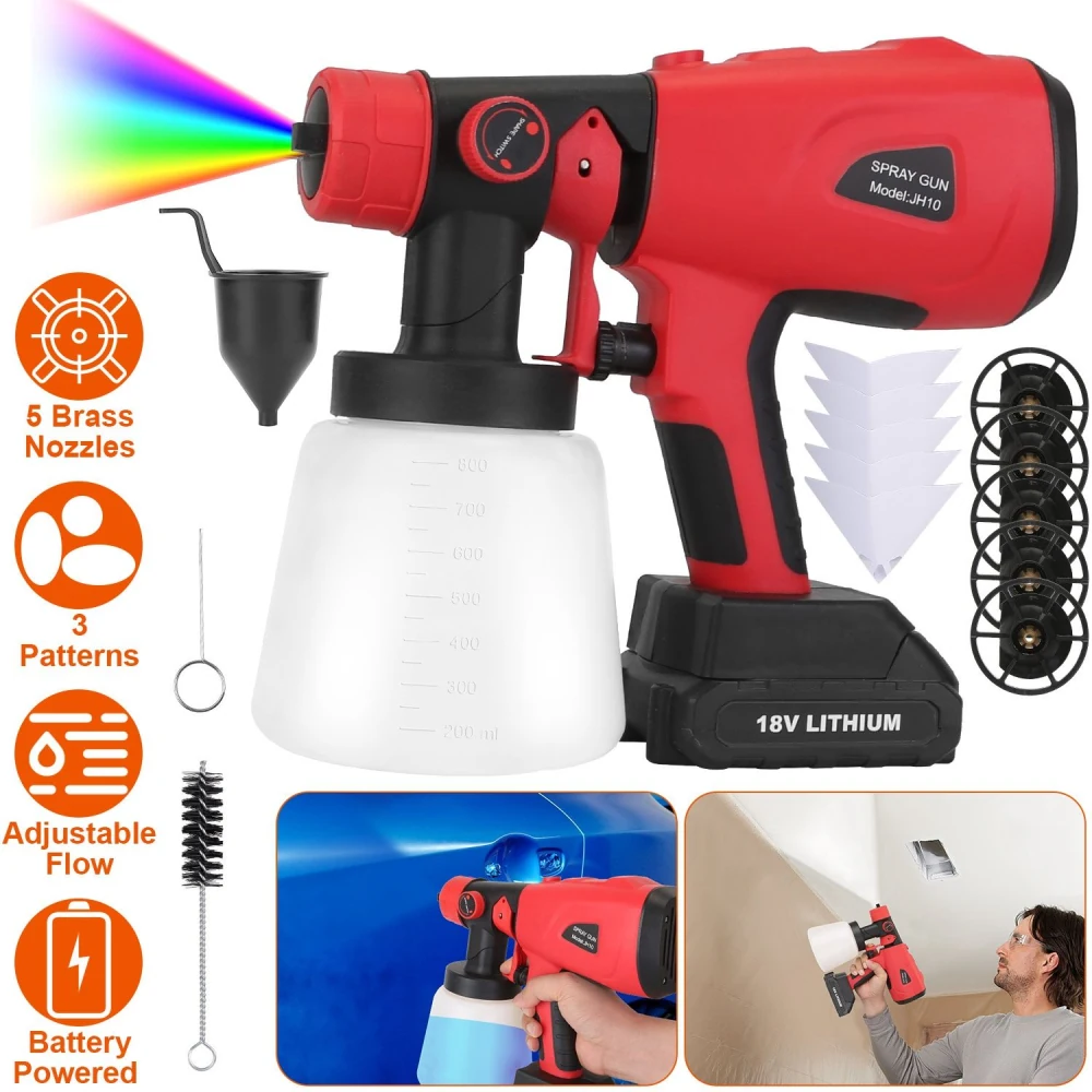Battery-powered spray gun with 5 brass nozzles, adjustable flow, and 3 spray patterns, featuring a clear container for easy measurement and cleaning accessories for versatile painting projects.