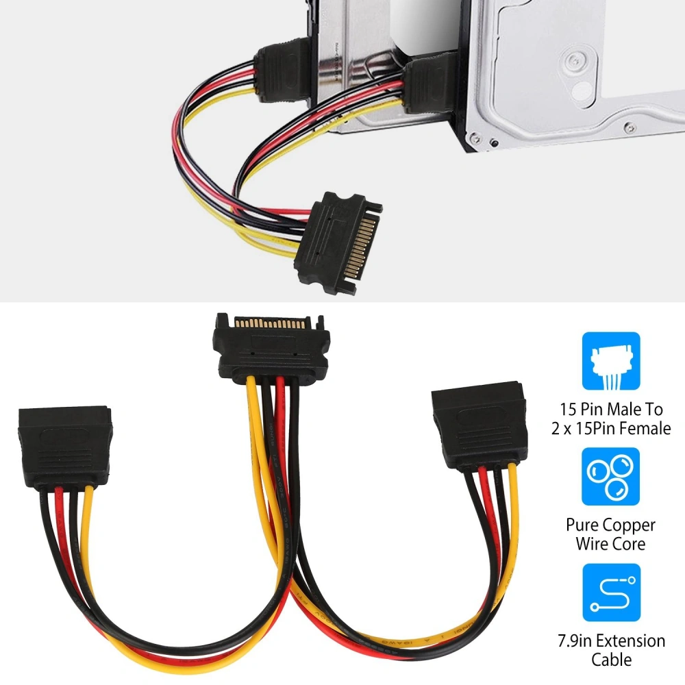 15 Pin SATA power splitter cable with 2 x 15 Pin female connectors and pure copper wire core, designed for easy connection to multiple drives, 7.9 inches in length.
