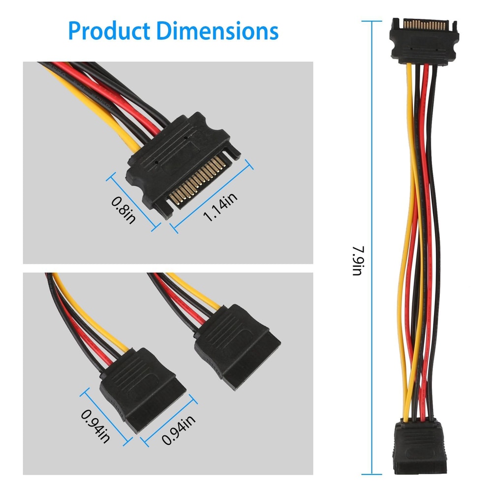 4-pin power cable with dimensions displayed, featuring a black connector and color-coded wires, ideal for connecting computer components.