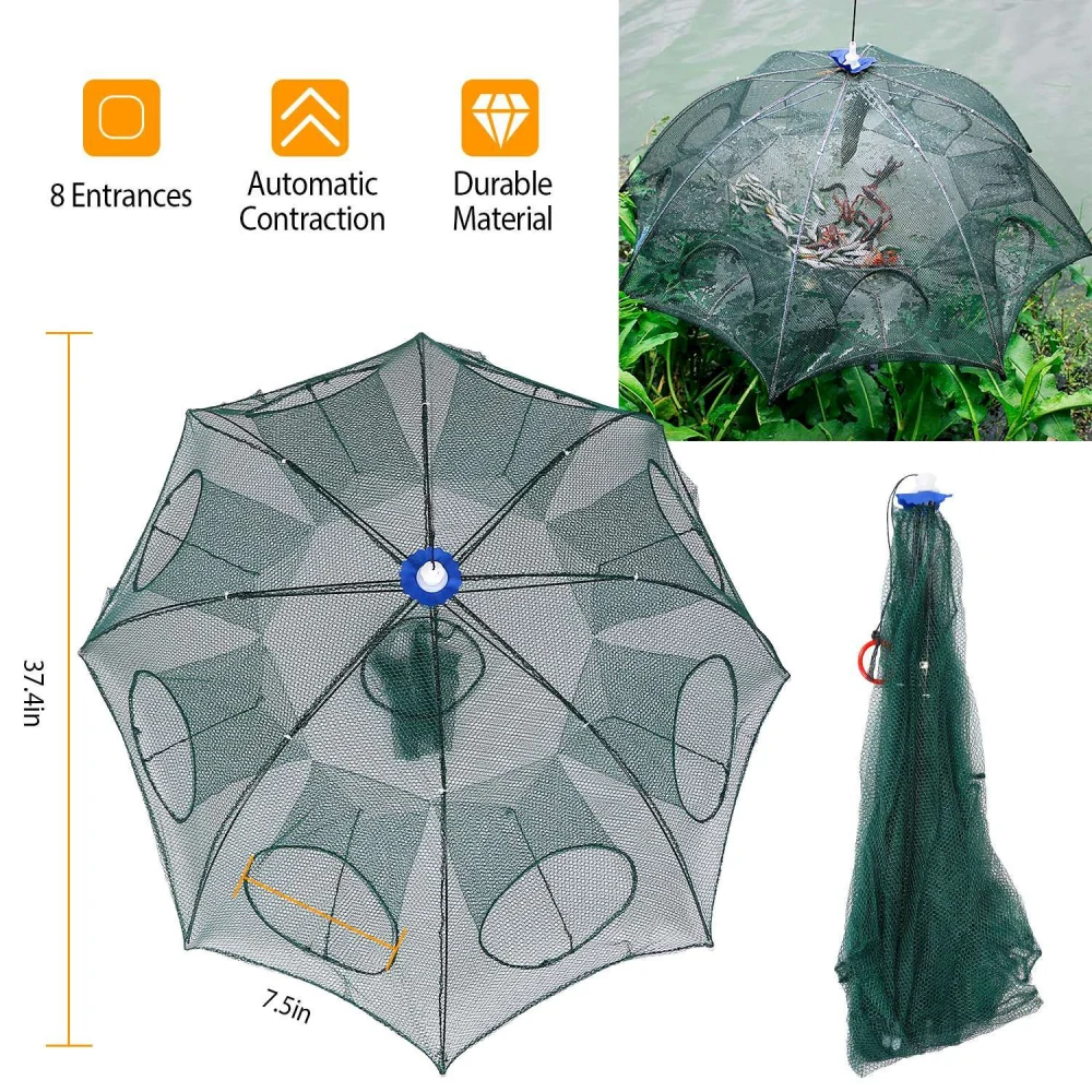 Collapsible fishing net with 8 entrances, automatic contraction, and durable green mesh material, measuring 37.4 inches in height and 7.5 inches in diameter, ideal for catching shrimp and small fish.