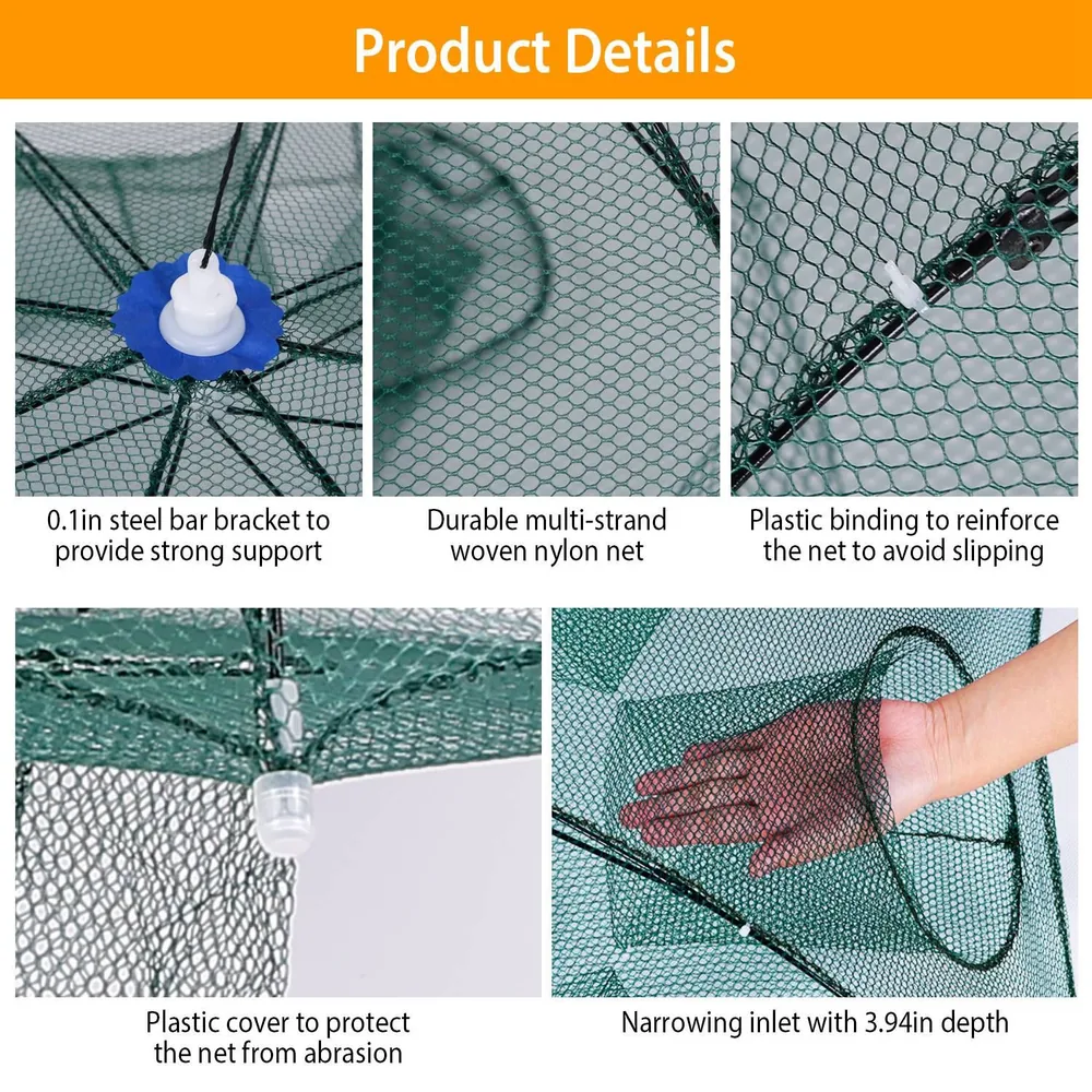 Product details image showcasing features of a durable nylon net, including a steel bar bracket for support, plastic binding to prevent slipping, a protective cover, and a narrowing inlet with a depth of 3.94 inches.