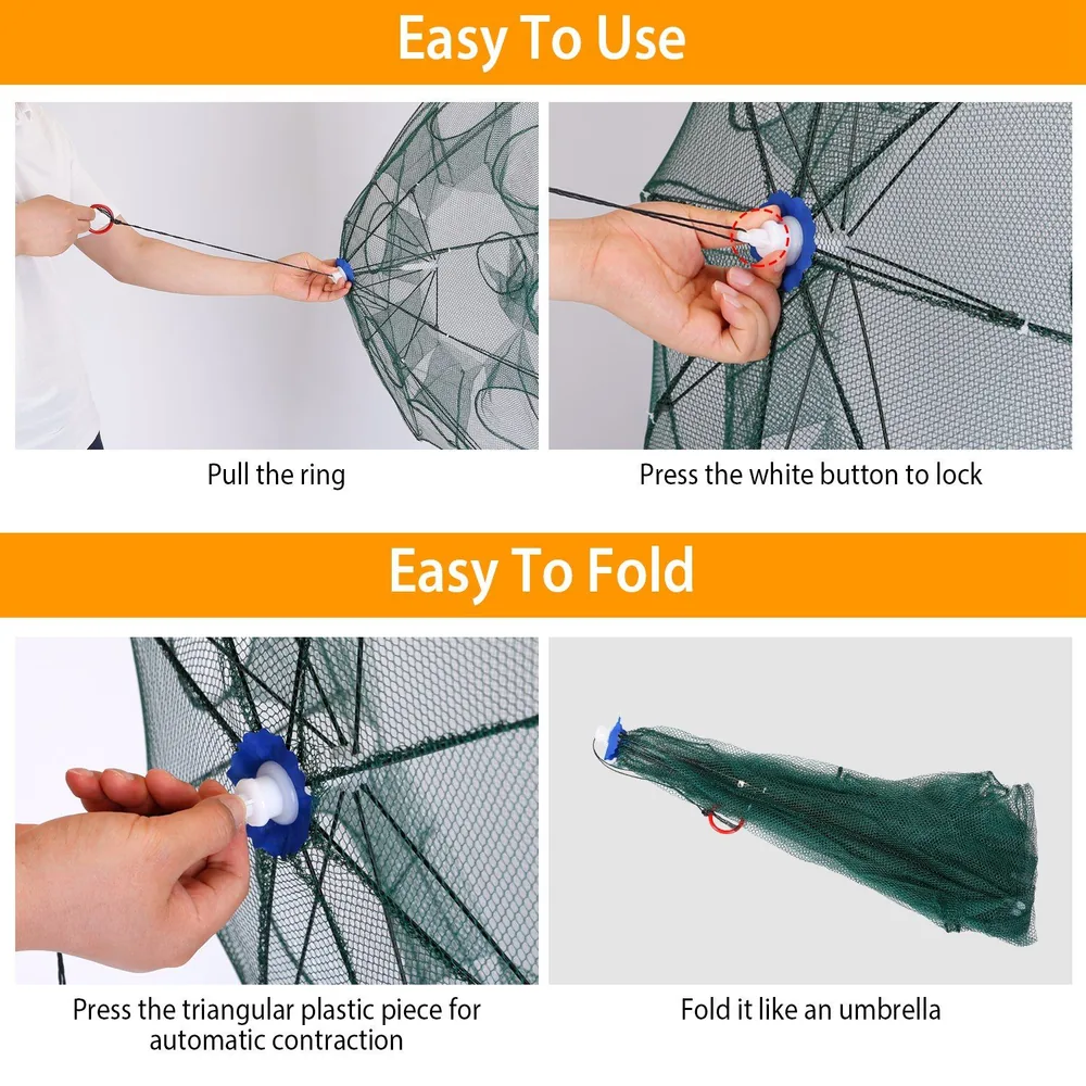 Instructions for using and folding a green mesh net, showcasing the steps to pull the ring, lock the net, and fold it like an umbrella for easy storage.