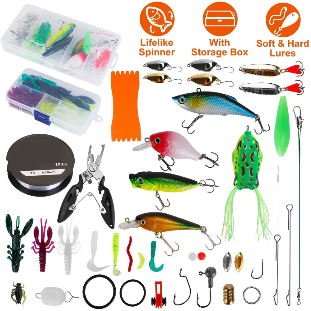 Fishing lure kit featuring various colorful soft and hard lures, including spinners and frogs, organized in a clear storage box with fishing tools and accessories.