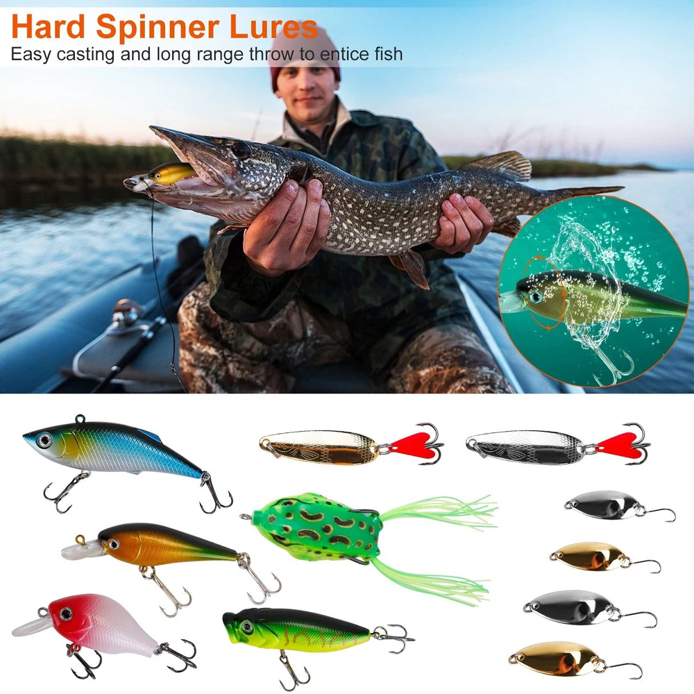 Hard spinner lures displayed alongside a fisherman holding a large pike, showcasing various colorful fishing lures designed for easy casting and attracting fish.