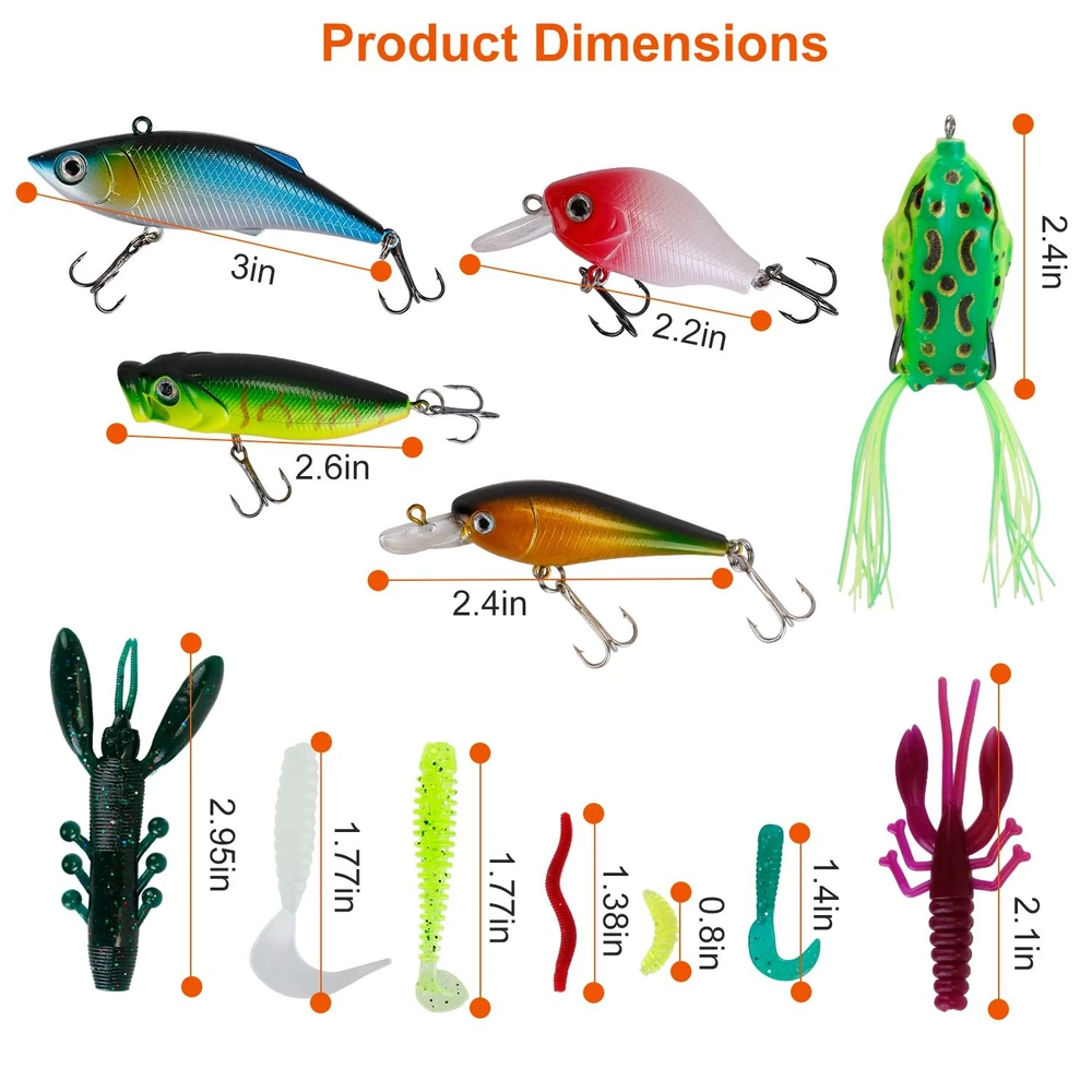 Assorted fishing lures with varying dimensions displayed for product reference, including colors and types like crankbaits, frogs, and soft plastics, marked with size indicators in inches.