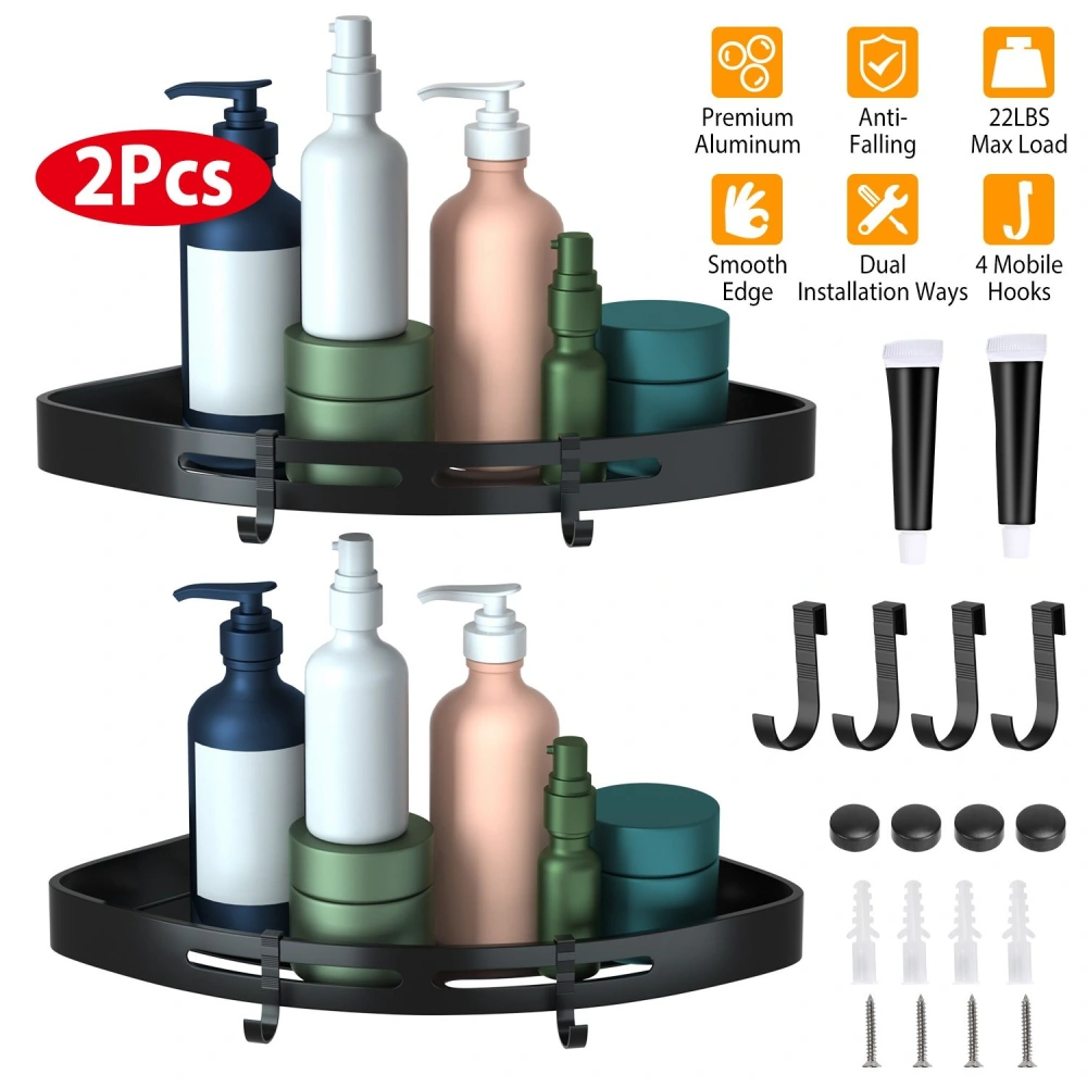 Black aluminum bathroom storage shelves set with two trays holding various cosmetic bottles, featuring four hooks and installation accessories, designed for organization and easy access.