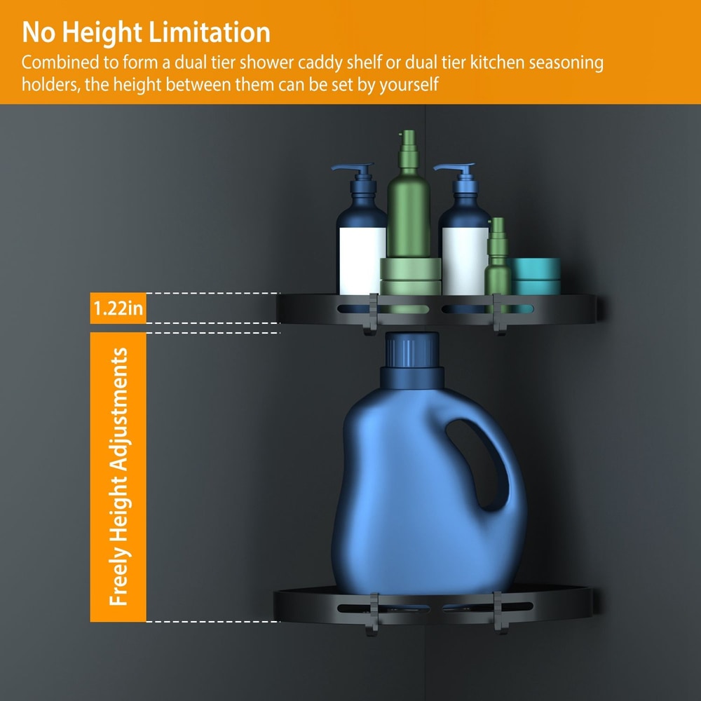 Dual tier adjustable caddy shelf with customizable height for storing toiletries and kitchen seasonings, shown with green and blue bottles and a laundry detergent container, highlighting the 1.22-inch height adjustment feature.