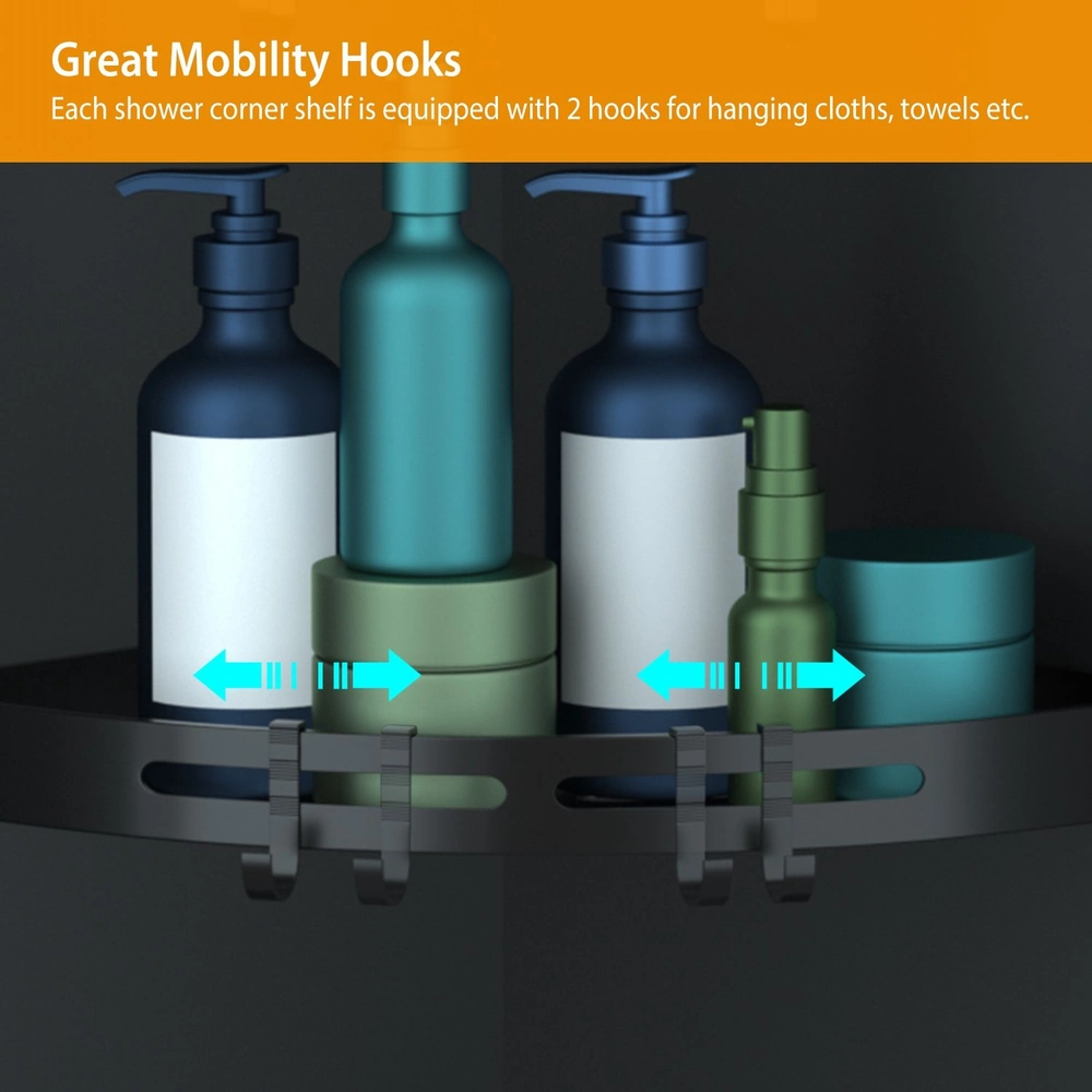 Shower corner shelf with two mobility hooks for hanging towels and cloths, featuring various bottles and containers in shades of blue and green.