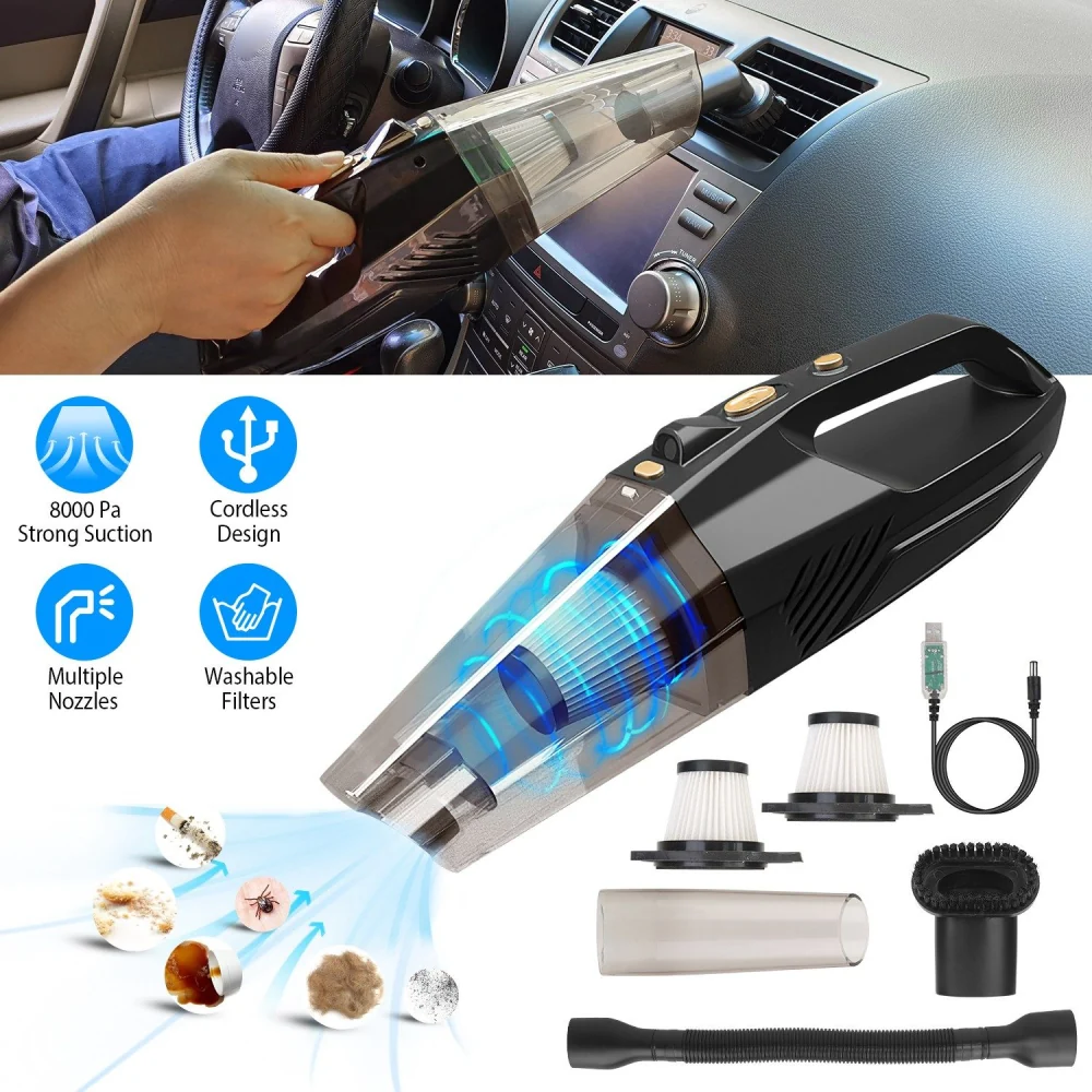 Cordless car vacuum cleaner with powerful 8000Pa suction, multiple nozzles, and washable filters, being used to clean a vehicle's interior, showcasing versatility and convenience for vehicle maintenance.