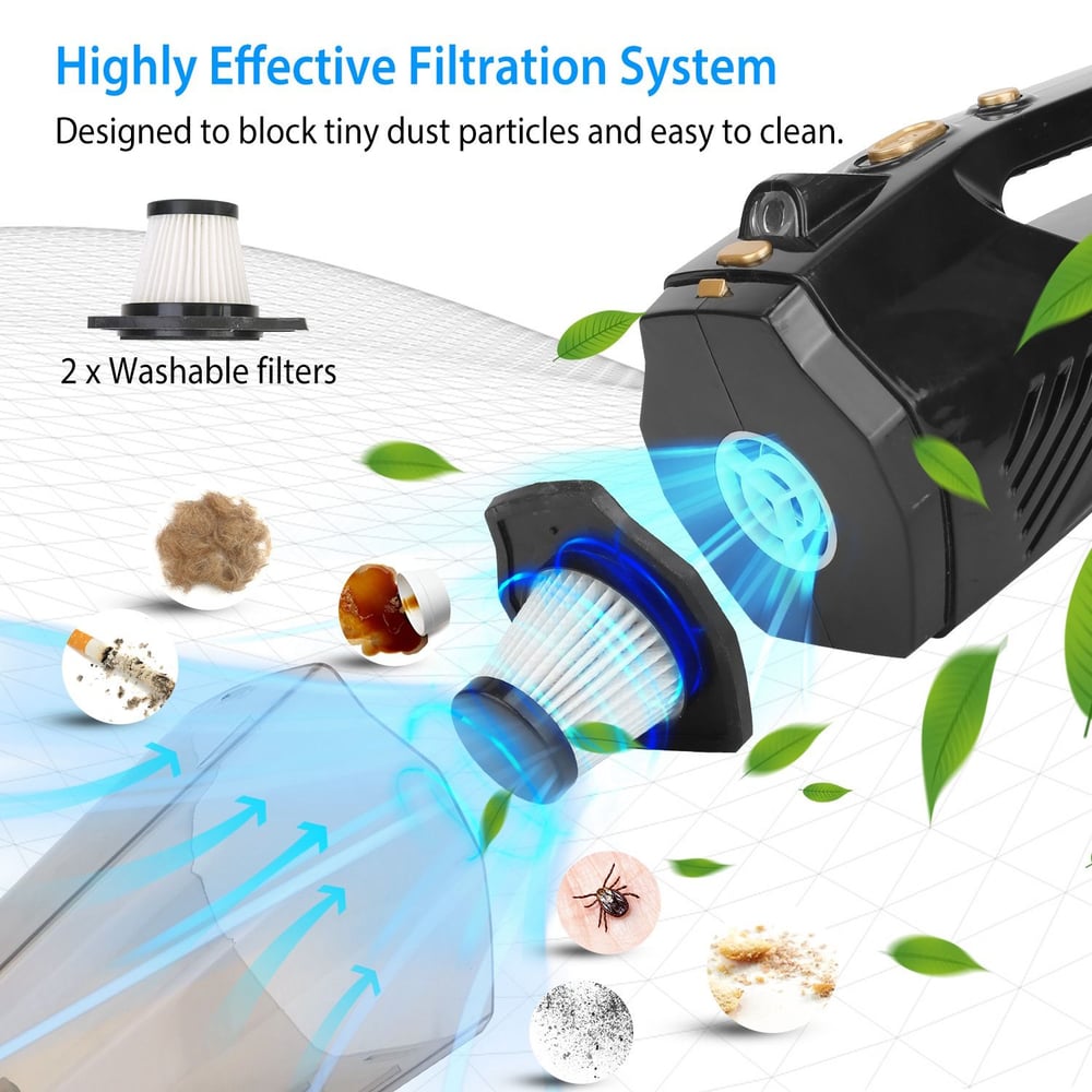 Highly effective handheld vacuum cleaner with two washable filters, designed to trap tiny dust particles and easily clean surfaces, showcasing its filtration system and debris removal features.