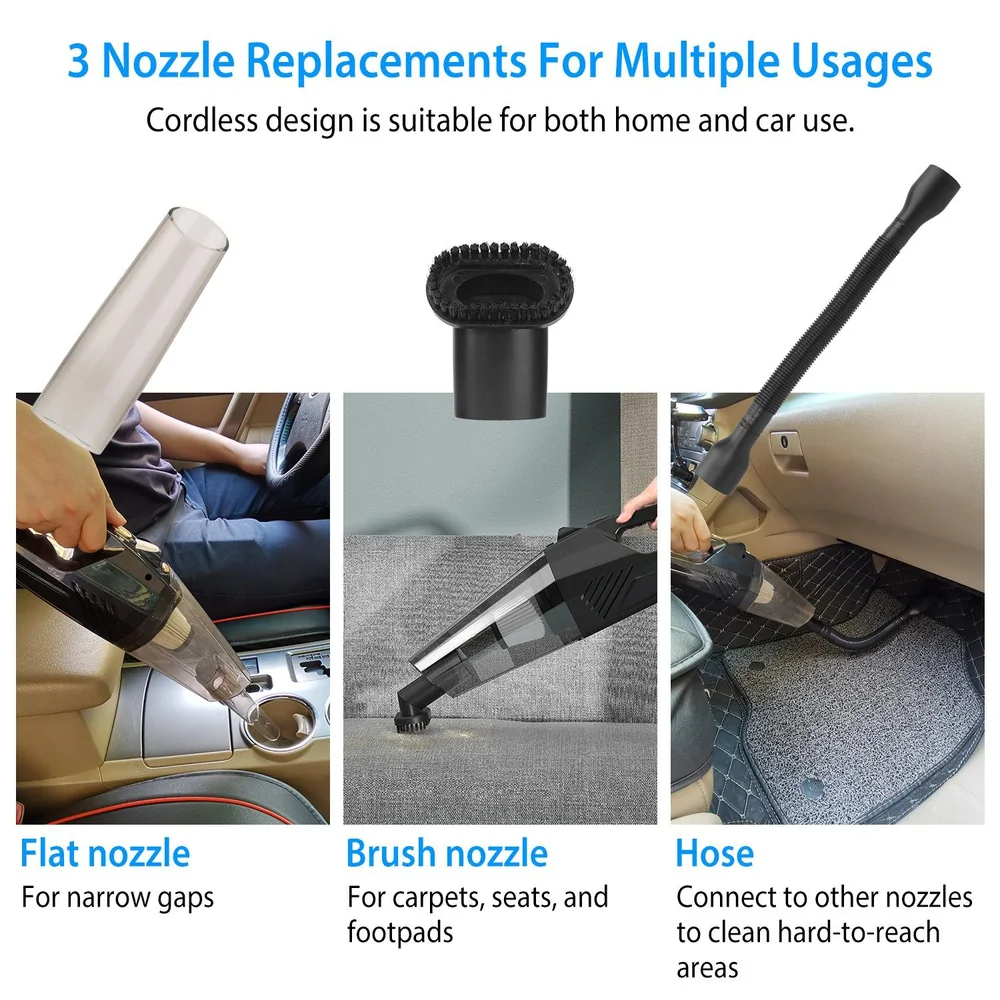 Cordless handheld vacuum cleaner with three interchangeable nozzles: flat nozzle for narrow gaps, brush nozzle for carpets and seats, and flexible hose for hard-to-reach areas, ideal for home and car cleaning.