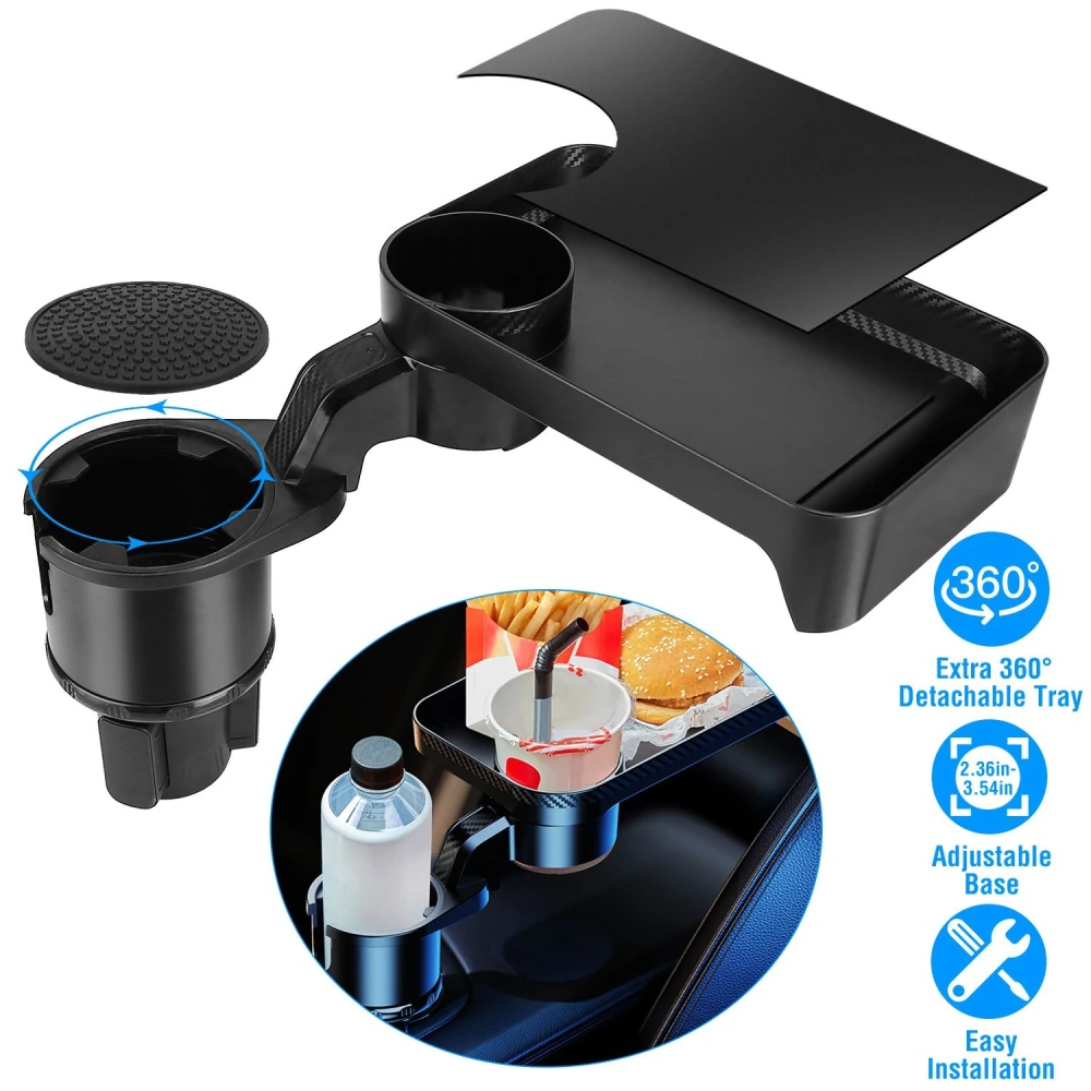 Car cup holder with extra detachable tray, adjustable base, and 360° rotation for convenience; perfect for drinks and snacks during travel.