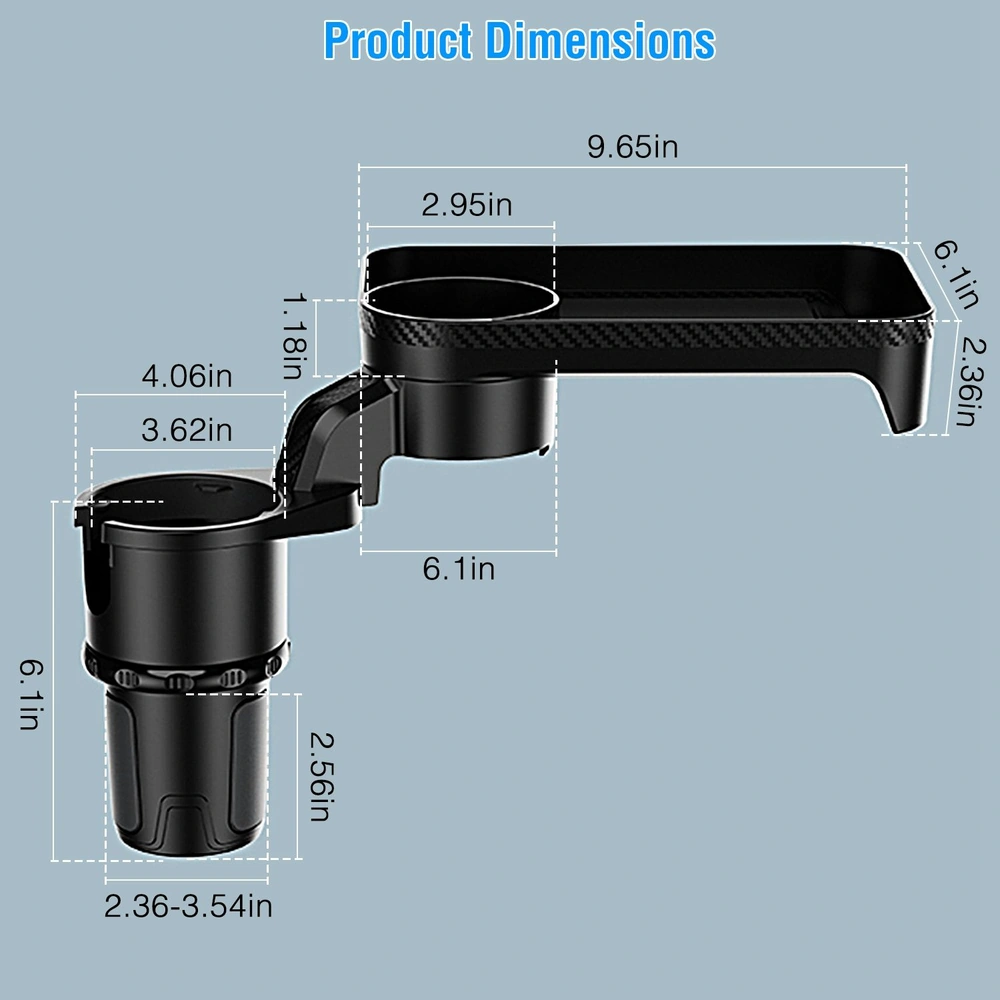 Black car cup holder organizer with dimensions labeled, featuring a compartment for drinks and a flat surface for accessories.