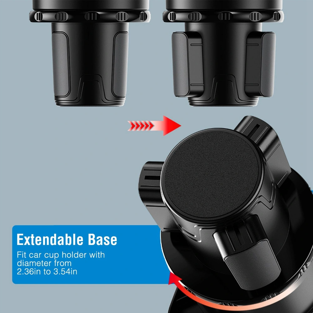 Adjustable car cup holder adapter featuring an extendable base, designed to fit holders with diameters ranging from 2.36 inches to 3.54 inches.