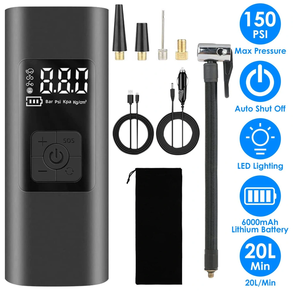 Cordless portable air compressor with LED display, multiple nozzle attachments, and 6000mAh battery, capable of 150 PSI max pressure and automatic shut-off feature; includes USB charging cables and storage pouch.