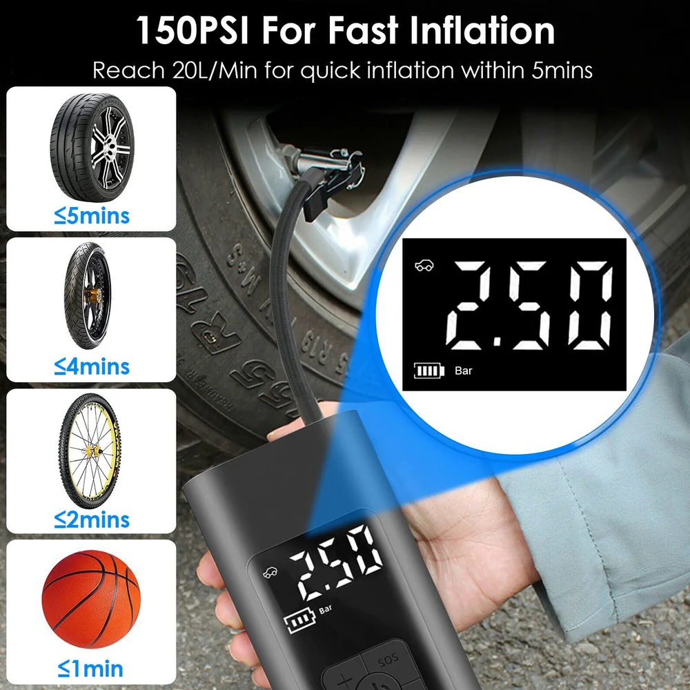 Portable air compressor with digital display, capable of inflating car tires and sports equipment quickly, showing PSI and inflation times for different types of tires and balls.