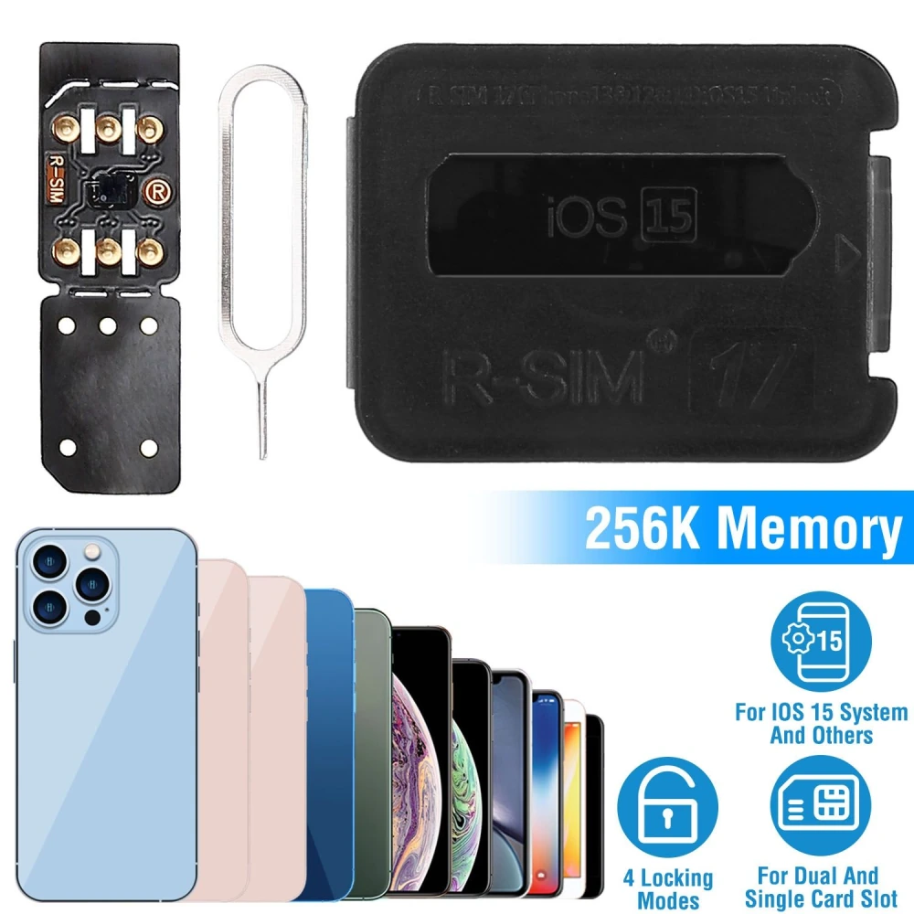 R-SIM 17 with 256K memory, compatible with iOS 15, includes SIM card tray ejection tool and illustrates compatibility with various iPhone models.