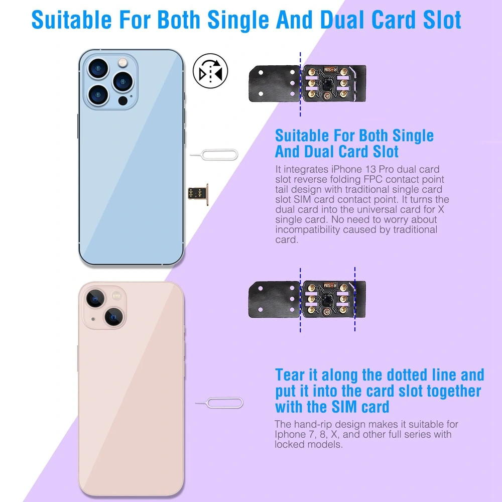 iPhone dual SIM card adapter for iPhone 13 Pro and compatible models, showcasing easy installation and compatibility for both single and dual card slots.