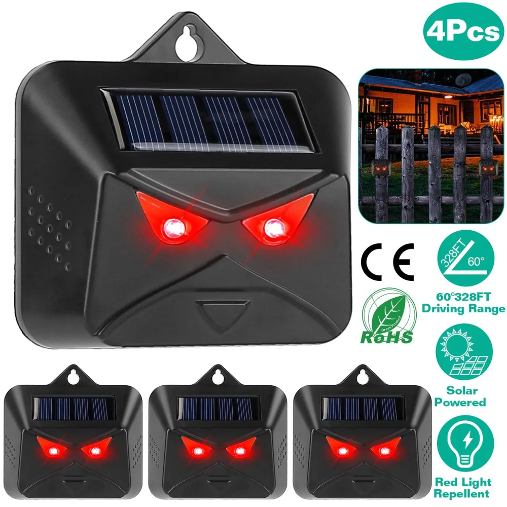 Solar-powered pest repeller device with red LED lights and a menacing design, includes four units, effective for deterring animals within 328 feet driving range, suitable for outdoor use.