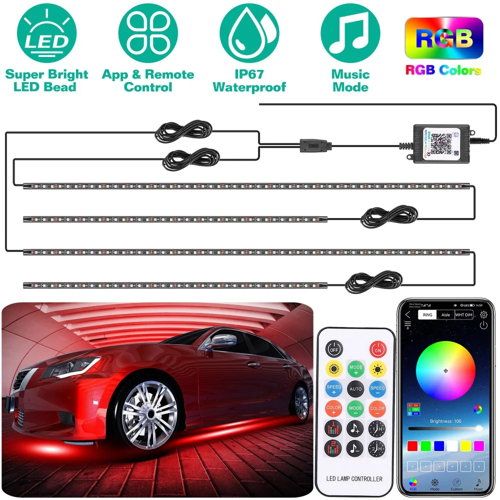 LED car ambiance lighting kit with remote control, featuring colorful RGB strips, IP67 waterproof rating, and adjustable brightness and music sync capabilities displayed under a red-lit vehicle.
