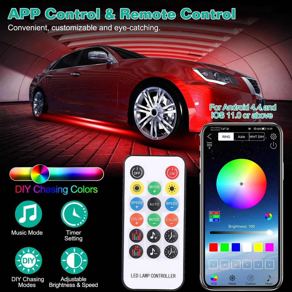 LED car ambient light controller with remote and app functionality, featuring customizable colors, music synchronization, and adjustable brightness, alongside a sleek red vehicle in a modern underground garage setting.
