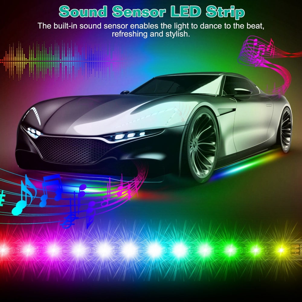 Sound sensor LED strip illuminating a sleek black sports car, with vibrant colors dancing to the beat of music, showcasing its stylish and refreshing design.
