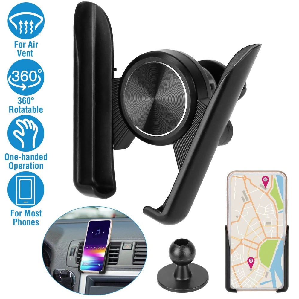 Universal 360° rotatable car phone holder for air vent, featuring one-handed operation and compatibility with most smartphones.