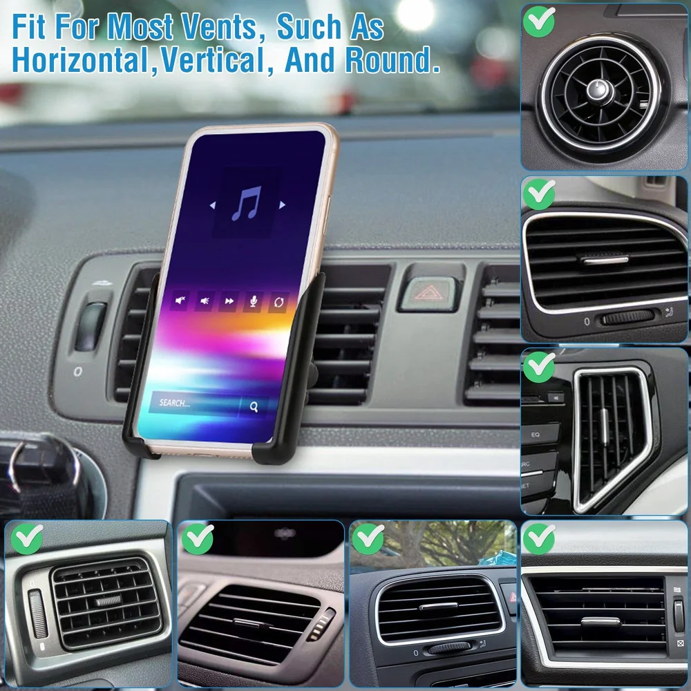 Car air vent phone mount compatible with horizontal, vertical, and round vents, securely holding a smartphone.