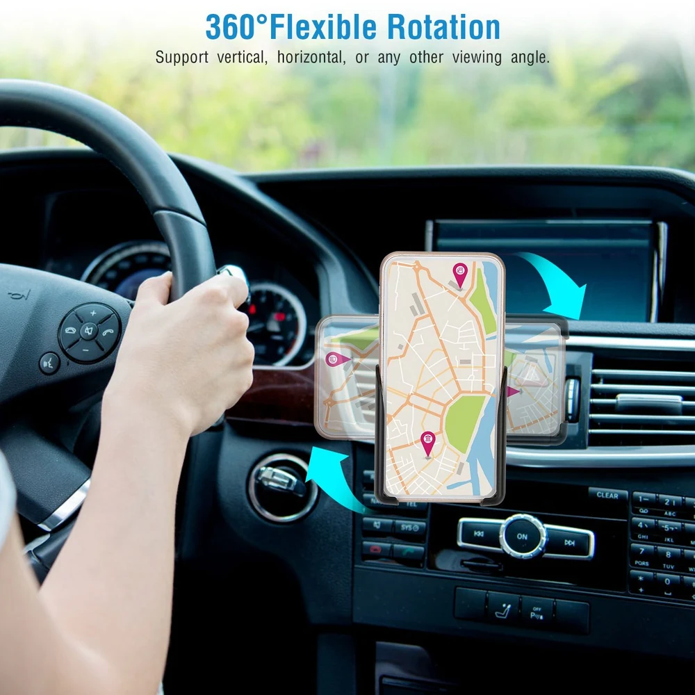 Smartphone car mount with 360° rotation feature, securely holding a phone displaying map directions while a driver's hand is on the steering wheel in a car interior.