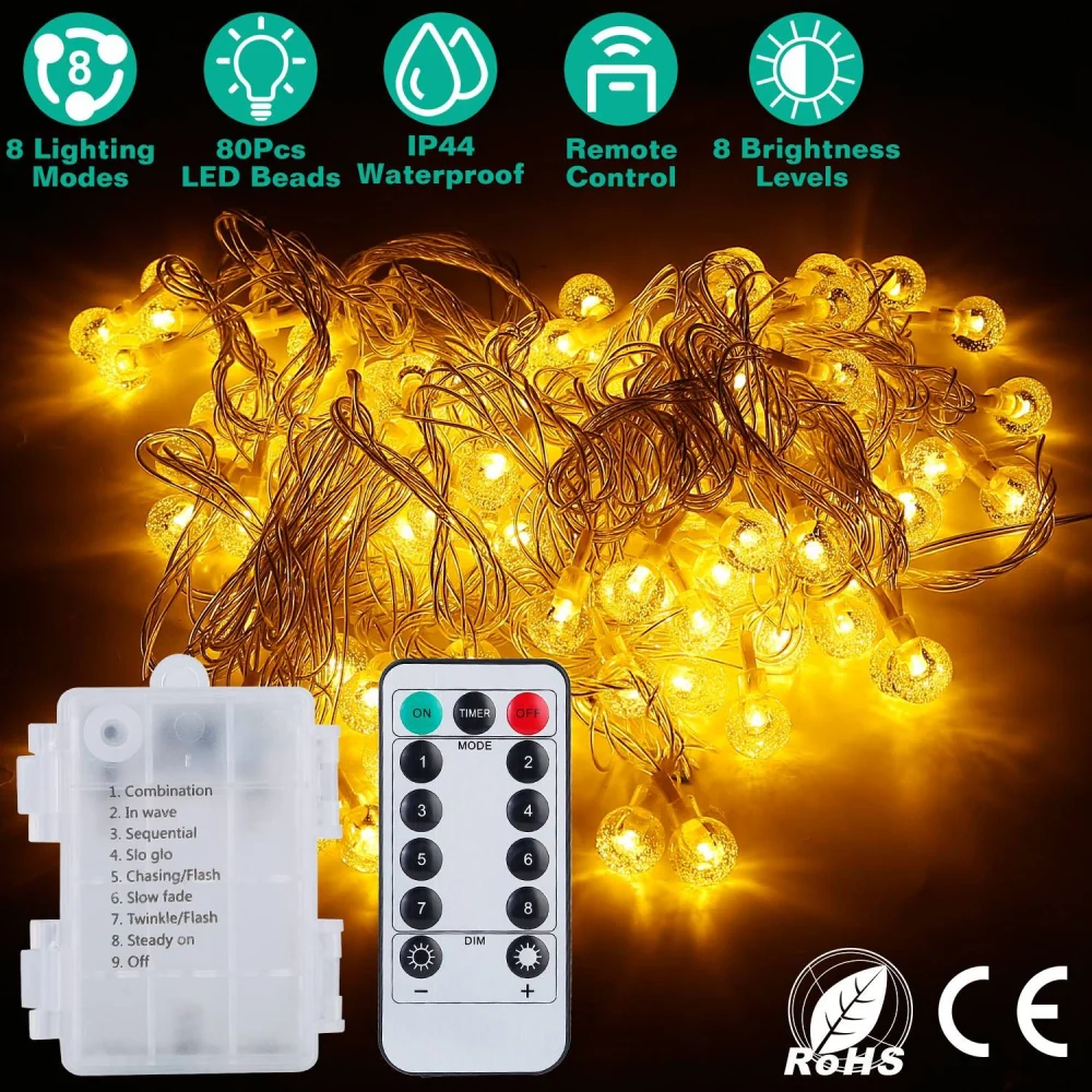 Golden LED string lights with 80 beads, remote control, 8 lighting modes, IP44 waterproof rating, and 8 brightness levels for festive decoration.