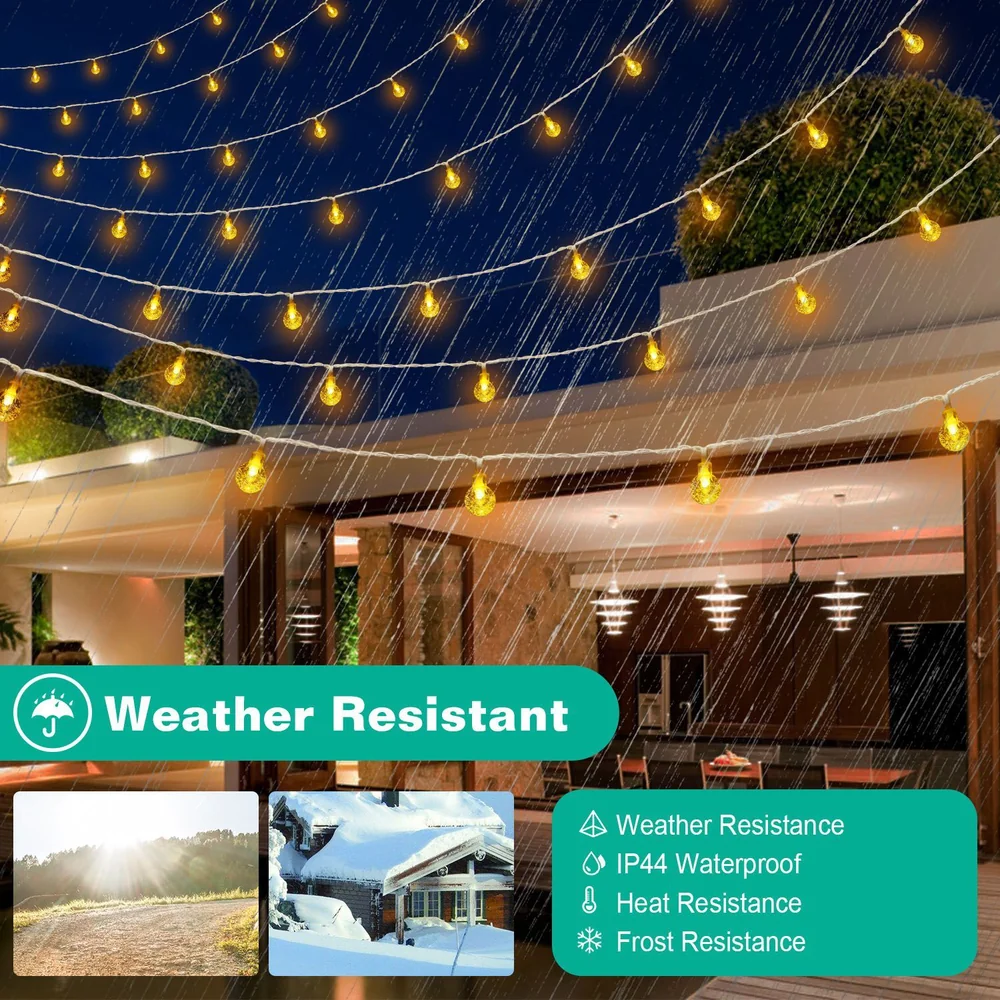 Weather-resistant outdoor string lights illuminated against a night sky, showcasing their IP44 waterproof, heat, and frost-resistant features, ideal for enhancing patios and gatherings.
