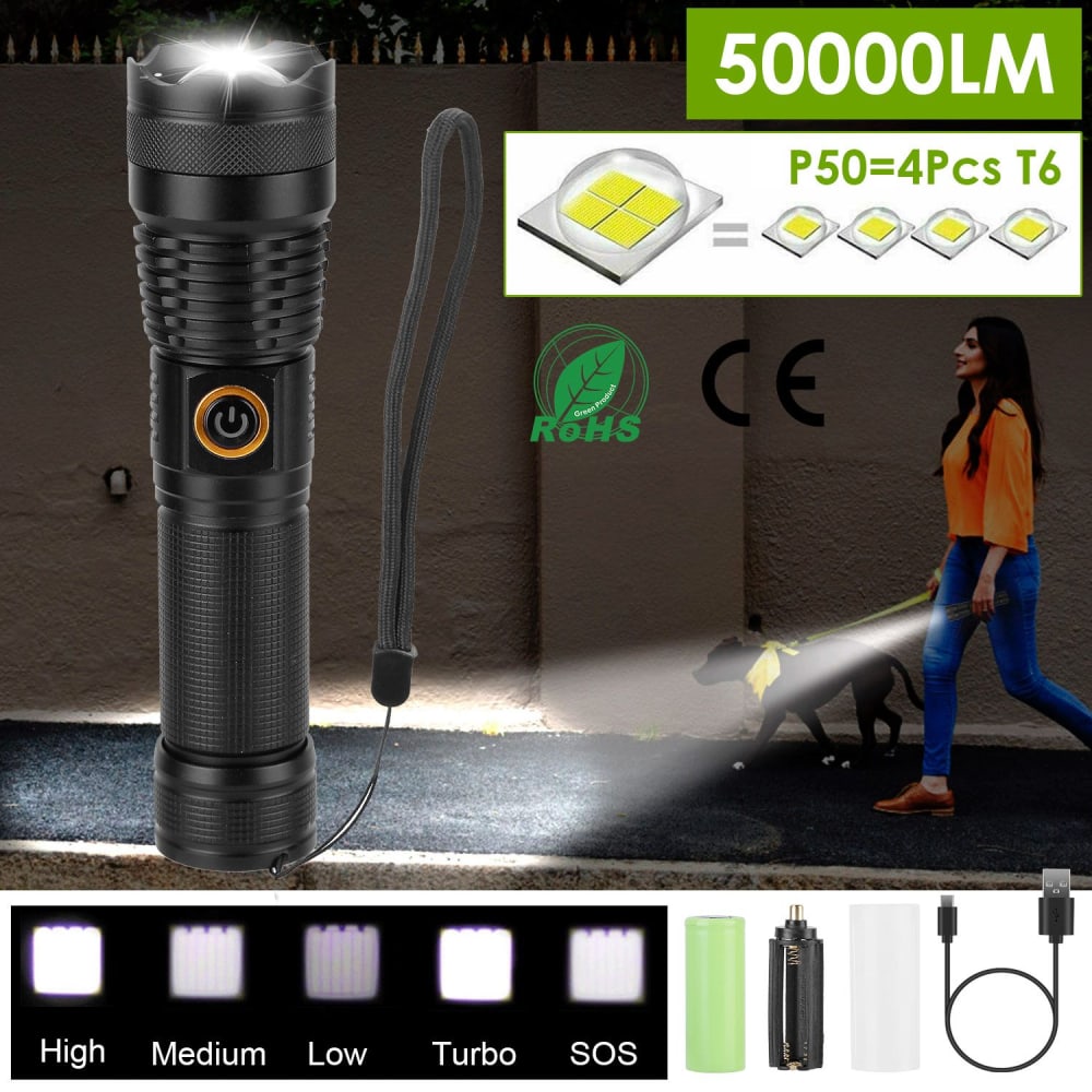Bright and powerful 50000LM flashlight with adjustable brightness settings (High, Medium, Low, Turbo, SOS), featuring a textured grip and wrist strap, ideal for outdoor activities such as walking a dog at night.
