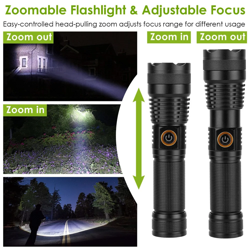 Zoomable flashlight with adjustable focus, showcasing zoom in and zoom out features for versatile use in various lighting conditions.