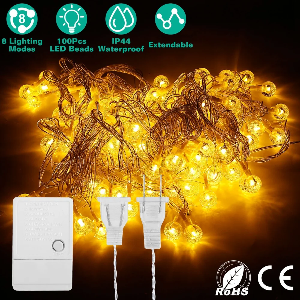 Warm white LED string lights with 100 bulbs, 8 lighting modes, waterproof IP44 rating, and an extendable design for versatile indoor or outdoor decoration.
