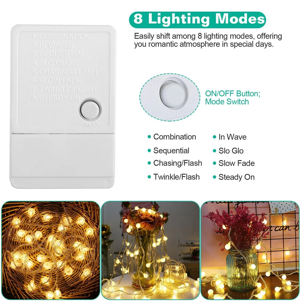 LED string light controller with 8 lighting modes including twinkle, slow fade, and steady on, designed for creating a romantic atmosphere in home decor and events.
