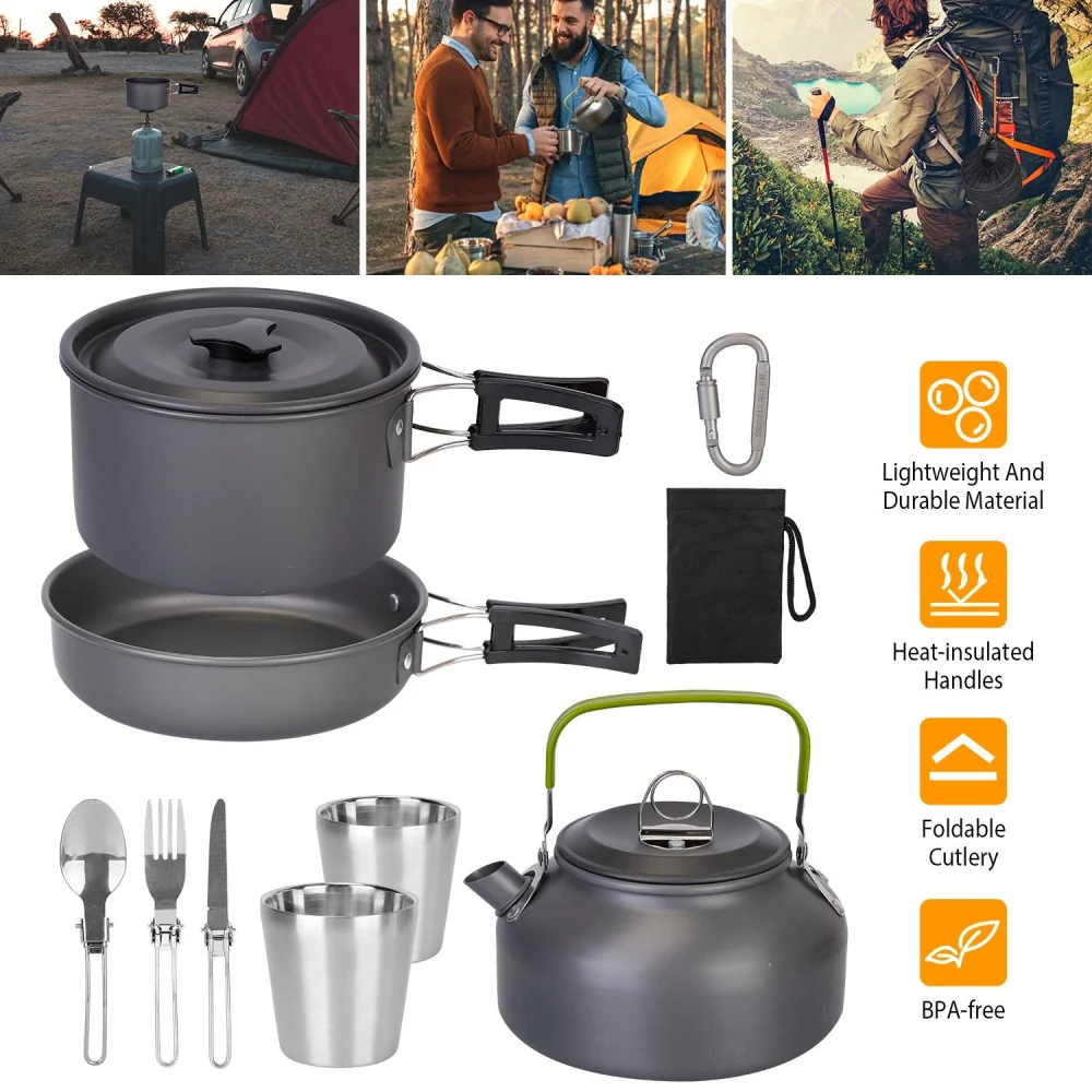 Camping cookware set featuring a pot, pan, kettle, stainless steel cups, and durable, foldable cutlery, designed for outdoor cooking with heat-insulated handles and lightweight, BPA-free materials.