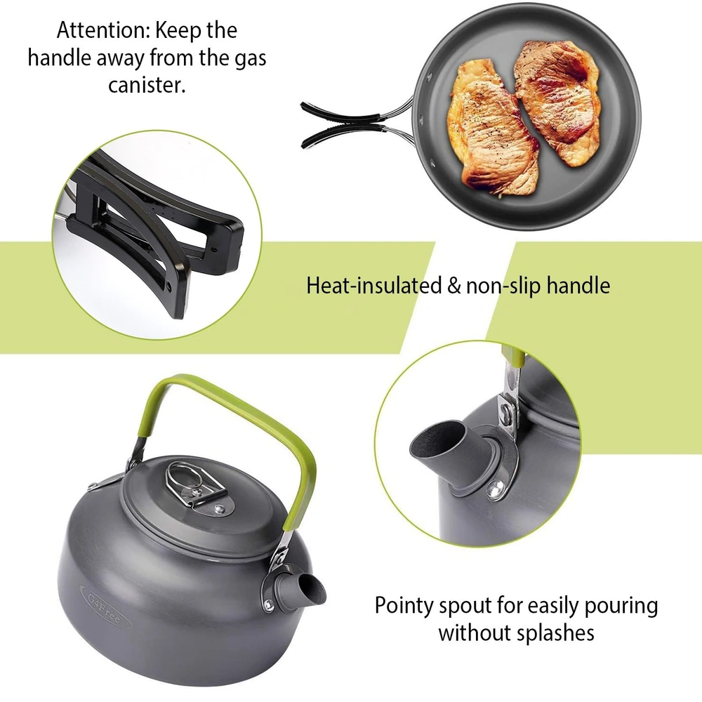 Black kettle with heat-insulated green handle, featuring a pointy spout designed for drip-free pouring and an accompanying non-slip handle displayed with cooking instructions for safe use.
