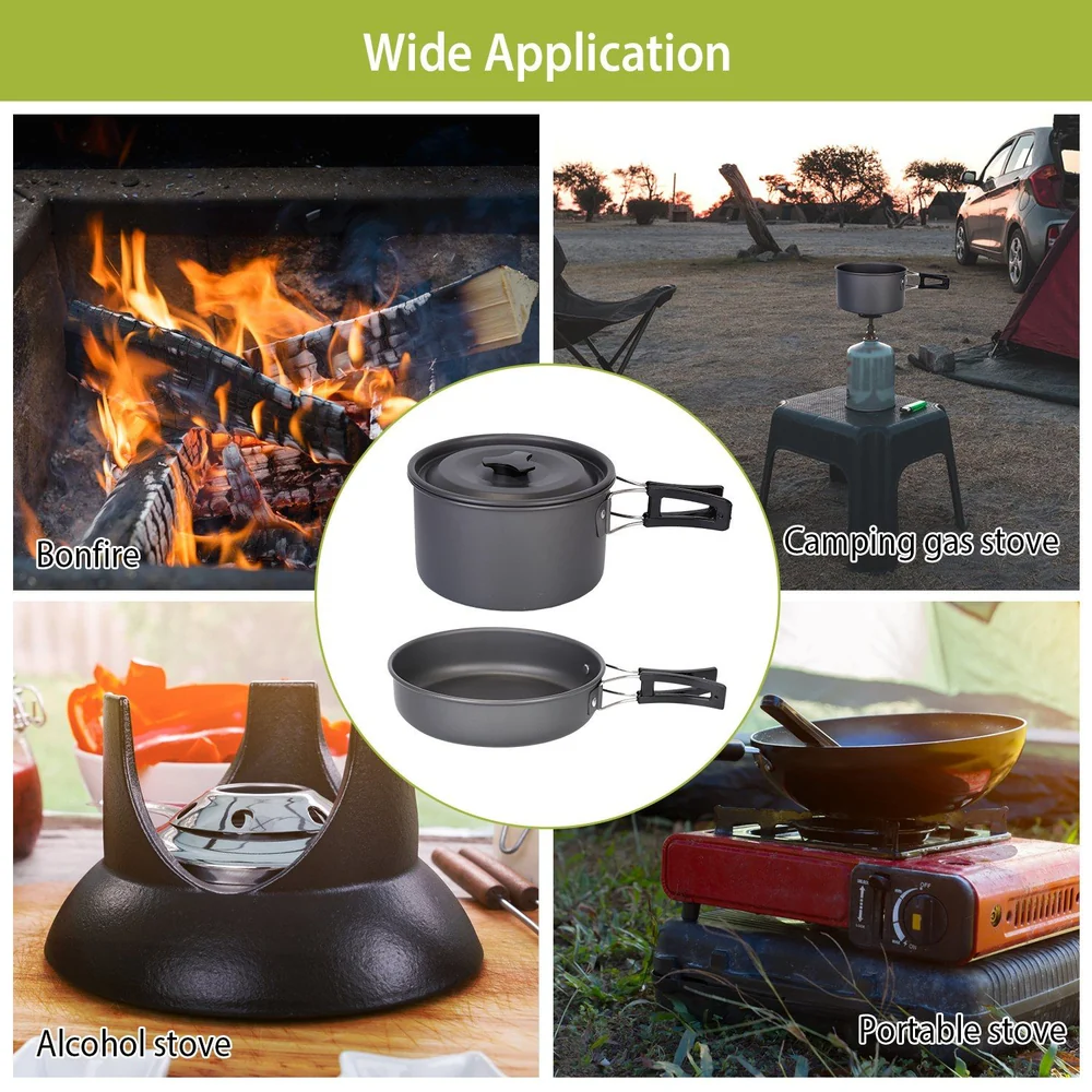 Camping cookware set overview featuring a pot and frying pan, surrounded by images of various cooking methods: bonfire, camping gas stove, alcohol stove, and portable stove, illustrating its versatility for outdoor cooking.