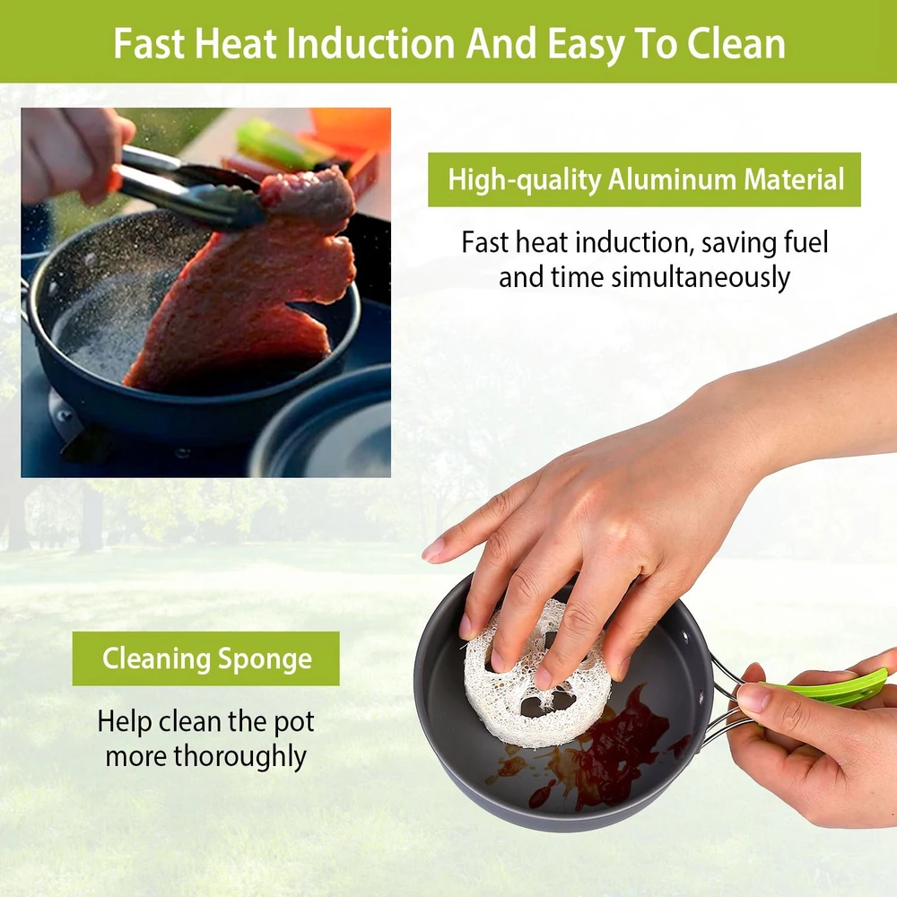 Image of a pan featuring fast heat induction with a hand holding a cleaning sponge, showcasing the product’s aluminum material for efficient cooking and easy cleaning.