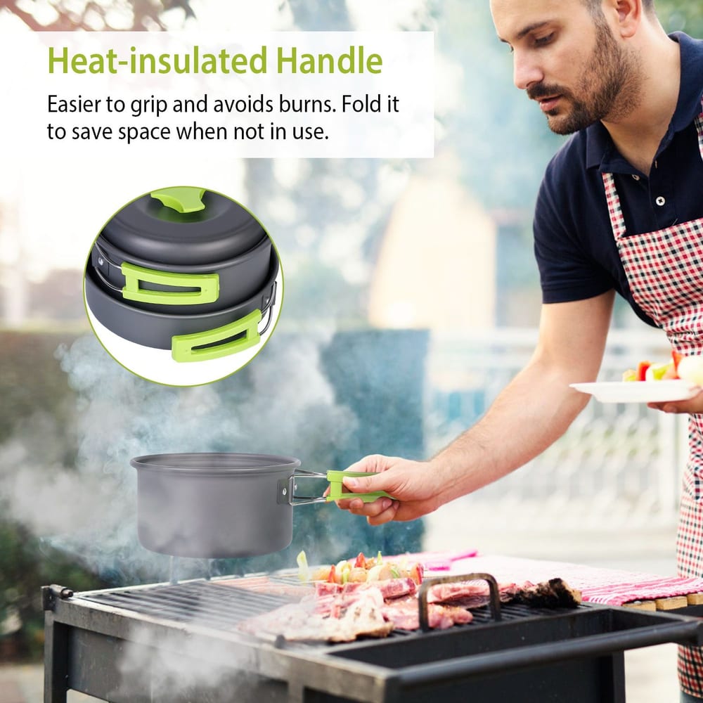 Heat-insulated cooking pot with a foldable handle, shown in use on a grill, designed for safe handling and space-saving storage.